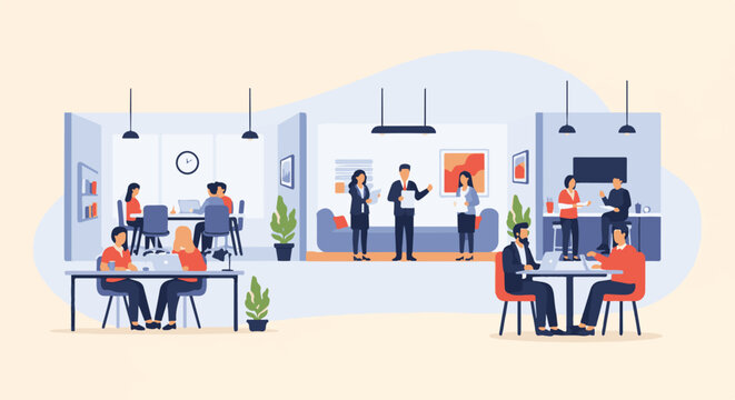 People collaborating and working in a modern office space with meeting areas