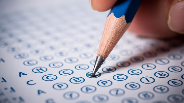 Multiple choice test, exam answer sheet, filling out form, education assessment, learning evaluation