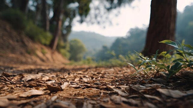 Low angle view of a forest path carpeted with fallen leaves leading into a serene misty mountain landscape with trees