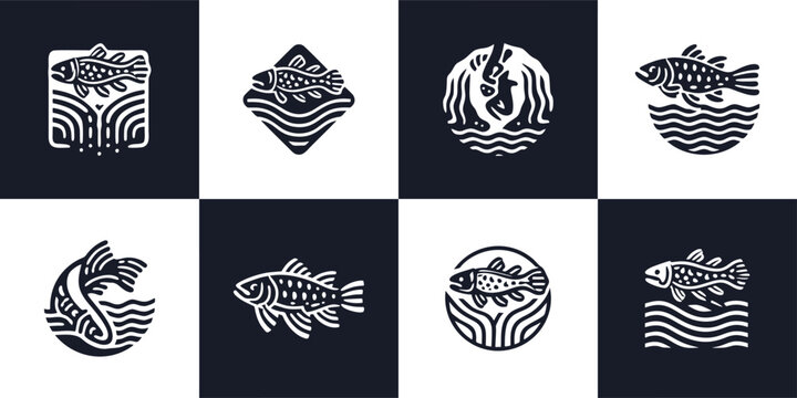 Artistic Fish and Water Ripple Logo Symbols