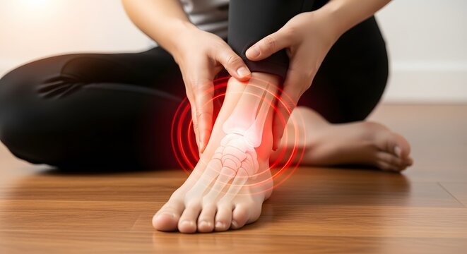 Ankle sprain and ligament inflammation. Podiatry care and physical rehabilitation. Woman sitting down and touching swollen ankle bone with red glowing circles of acute pain