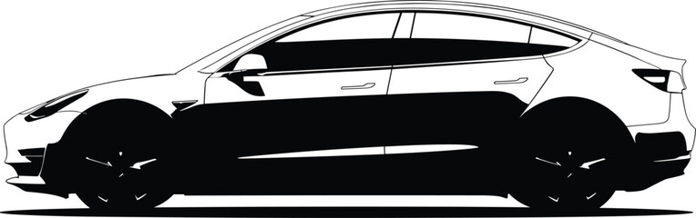 Minimalist black and white silhouette, modern sedan car, sleek aerodynamic design, futuristic electric vehicle, luxury automobile illustration, side profil © Amatullah Nasrin