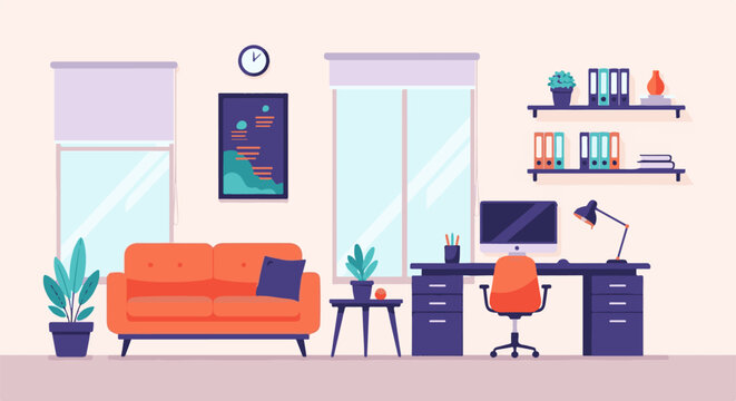 Modern flat illustration of a home office with a sofa, desk, computer, and shelving
