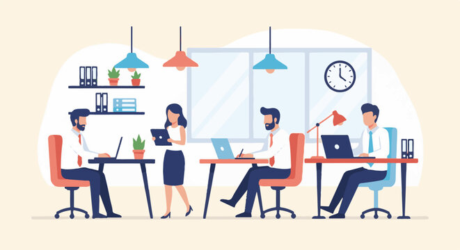 A team of professionals collaborate in a modern office environment, with individuals working at desks and one person standing with a tablet