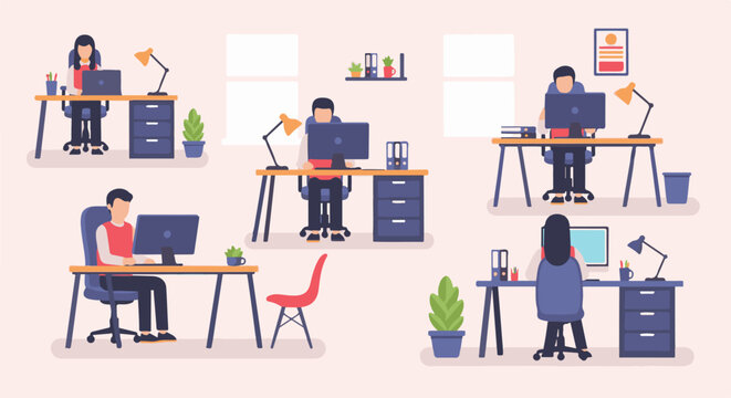 Multiple individuals working on computers at their desks in a modern office environment