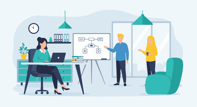 Modern office scene with three people collaborating around a whiteboard presentation and workstation
