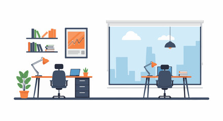 Fototapeta premium Modern office setup with city view, workstations, and a bookshelf
