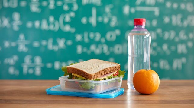 School lunch, sandwich, water bottle, and fruit on desk, classroom setting