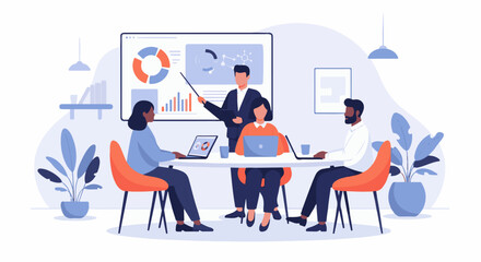 Fototapeta premium Diverse team in meeting room presents data charts, discusses strategy