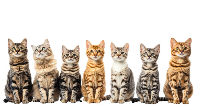 Group of seven diverse cats sitting in a row, looking forward, domestic animals, mixed breeds, felines, cute pets, tabby patterns