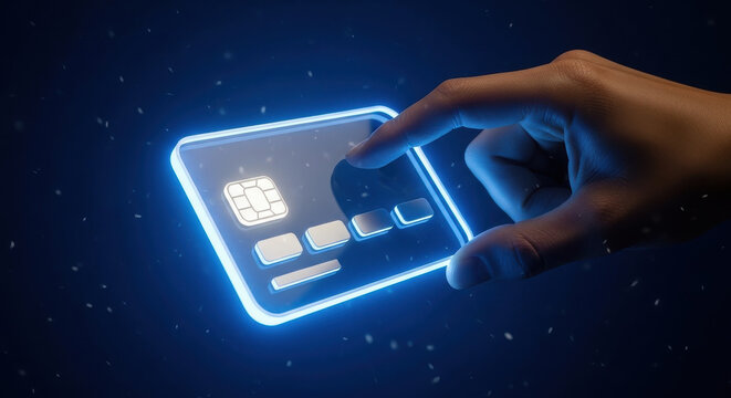 Hand interacting with glowing credit card in dark background