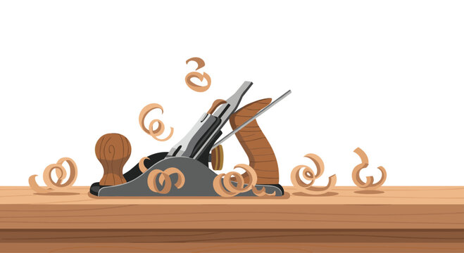An industrial metal hand plane sits atop a solid wooden workbench while dynamic wood curls float gracefully in the air against a bright white backdrop.
