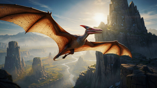 Majestic pterodactyl with leathery wings outstretched soars gracefully through the air showcasing intricate skin texture sharp teeth powerful claws and a distinctive crested head that highlights