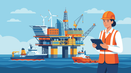 An informative illustration showing an offshore construction site that merges renewable energy sources like wind and solar with traditional oil structures, reflecting industry evolution. © zhen