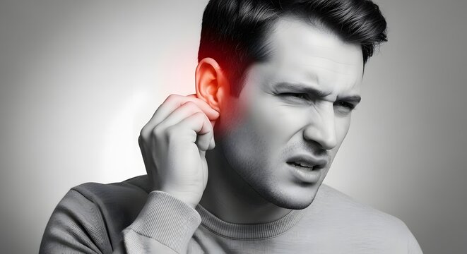 Chronic earache and hearing discomfort symptoms. Tinnitus and inner ear infection treatment. Man wincing in pain and pulling his ear with red inflammatory glow highlight