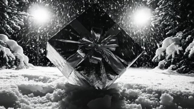 Black and white shot of a shimmering silver gift box standing in snow with falling snowflakes and lit trees