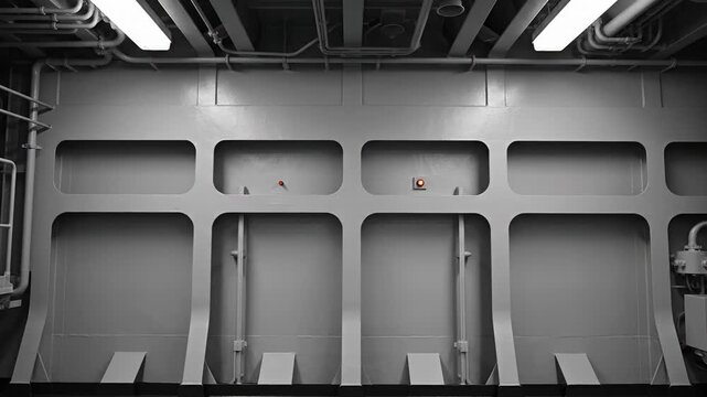 Industrial metal bulkhead with multiple compartments, pipes and lighting, evoking a sense of security, enclosure, or maritime environment