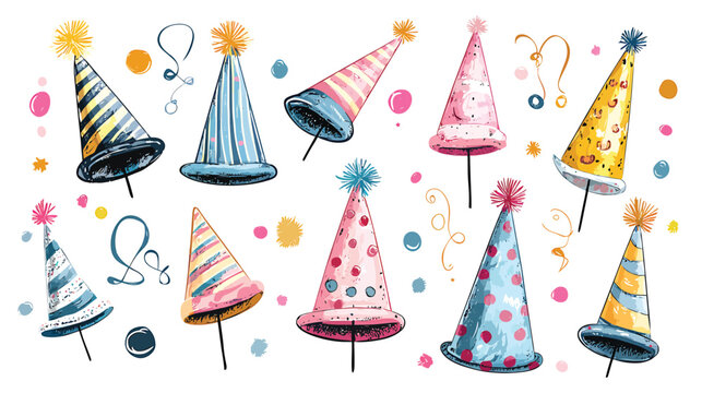 Collection of Festive Birthday Party Hats in Watercolor Style.