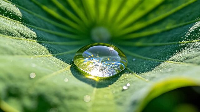 Clear water droplet on green lotus leaf reflecting sunlight