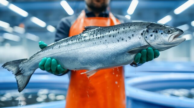 A fish farm worker holding an atlantic salmon.