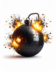 Sparkling disco bomb explodes with energetic shards on a white canvas backdrop