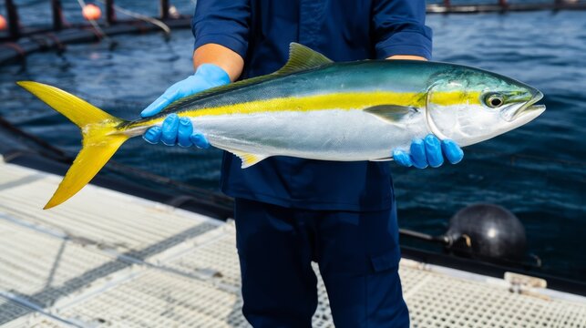 A fish farm worker holding a yellowtail amberjack.