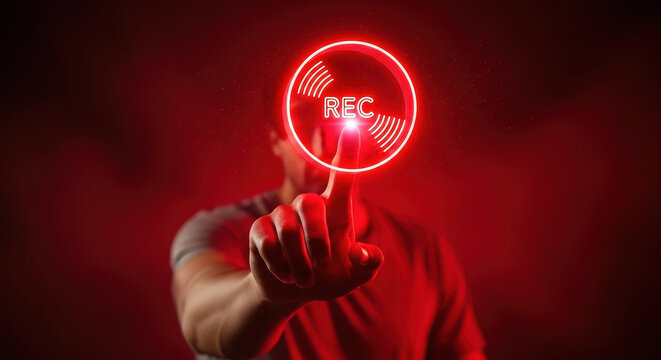 Man interacting with glowing red recording button interface