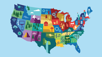 This artistic illustration of the USA map displays the unique characteristics and diversity of each state, symbolizing cultural richness and national unity. © Huilong
