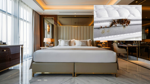 A pristine, luxurious hotel room surprisingly juxtaposed with a disturbing close-up revealing a severe bed bug infestation hidden within the mattress, highlighting an unexpected, unhygienic pest