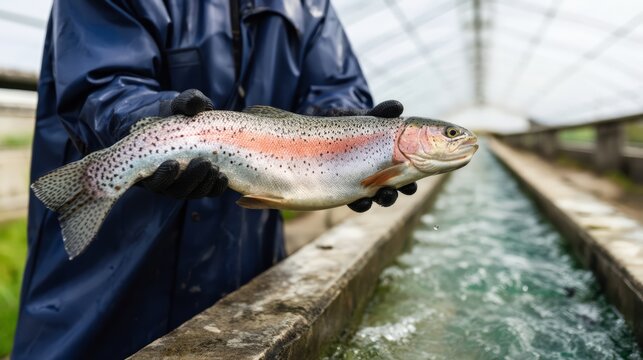 A fish farm worker holding a rainbow trout.