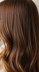 Fototapeta premium Beautiful brown hair with highlights and waves, a stunning hairstyle.