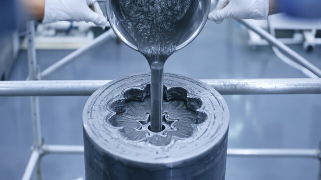 Rocket fuel grain casting process in composite propellant facility.