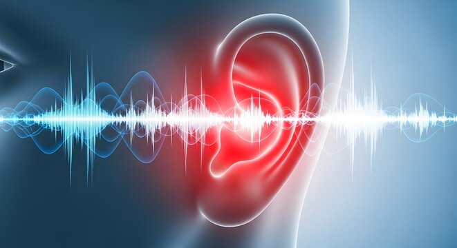 Tinnitus and ear sound frequency. Auditory system sensitivity and nerve pain. Abstract illustration of a human ear with sound waves and red inflammation glowing