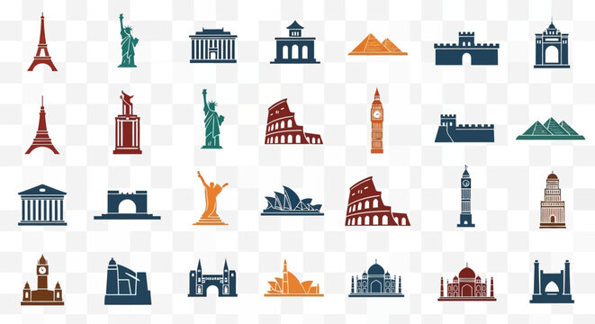 Set of world landmarks and monuments travel icons illustration featuring cities like Paris London and New York in vector style