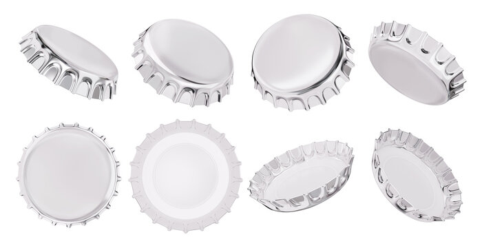 Set of Isolated shiny silver chrome crown cork bottle caps floating in dynamic angles showcasing both reflective tops and crisp white undersides. 3D rendered beverage packaging mockup.