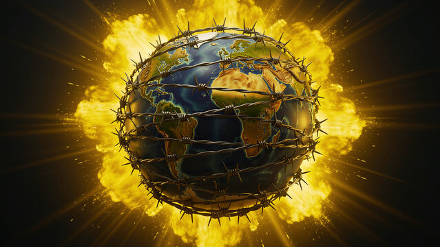 A powerful conceptual representation strikingly depicts our fragile Earth globe tightly encircled by sharp, restrictive barbed wire, symbolizing profound global conflicts, ongoing geopolitical