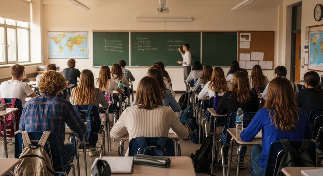Diverse students paying attention in a bright high school classroom during a lesson with a teacher at the blackboard.