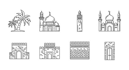 Naklejka premium Collection of Islamic architecture and desert elements in line art style