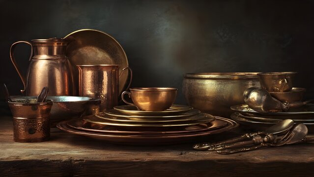 Antique Indian Copper and Brass Tableware Set with Traditional Utensils on Vintage Wood