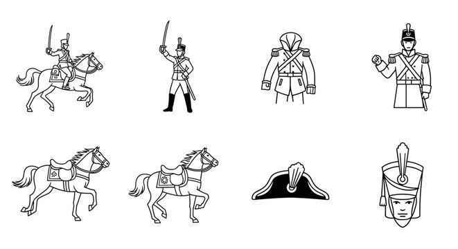 Collection of historical military figures and attire in a line art style