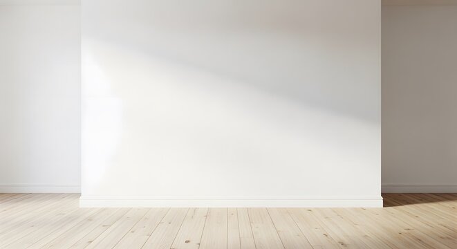 Minimalist interior white wall and wooden floor with sunlight