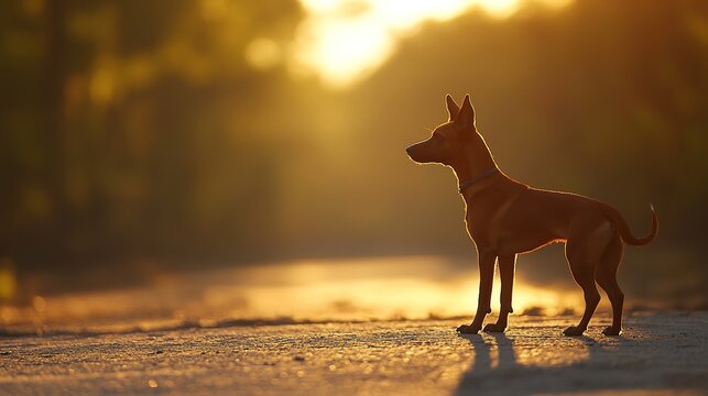 leash. Dog enjoying golden hour sunlight during a peaceful walk. wildlife magazines, conservation campaigns, designed for nature documentaries and education, supports conservation.