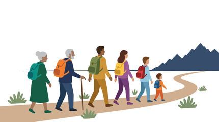 Fototapeta premium Multi-generational Family Hiking Together on a Winding Path toward Mountains, Flat Illustration of Diverse People with Backpacks