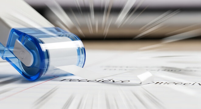 Correction tape dispenser blue and white plastic with a paper tape covering a typo on a white paper document