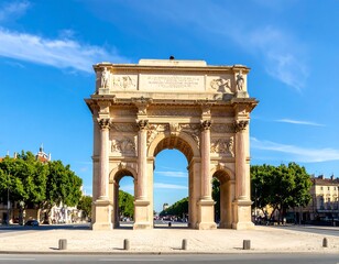 Fototapeta premium A grand, ornate archway with classical architectural details, stands in a sunny plaza under a bright, blue sky, offering a glimpse of distant urban landscape