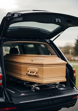 Wooden coffin inside black vehicle transport funeral