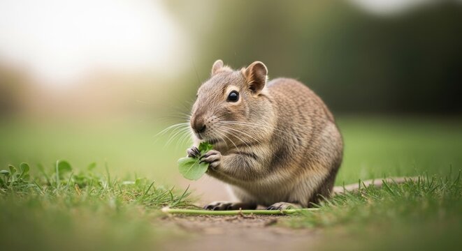 Cute degu eating grass in a natural outdoor setting.