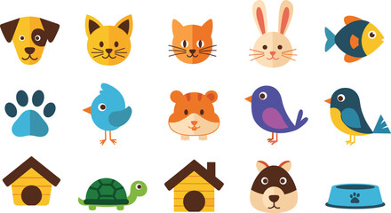 Obraz premium Cute Pet Animals Vector Set with Dog Cat Rabbit Bird Fish Turtle Icons Isolated on White Background