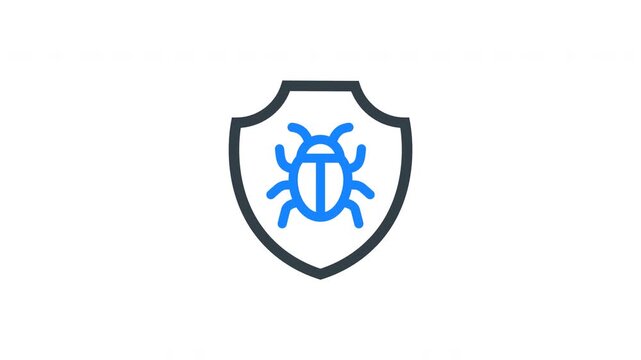 Animated bug shield icon representing malware protection, virus defense, and cybersecurity safety. Ideal for antivirus software, threat detection systems, and digital security visuals.
