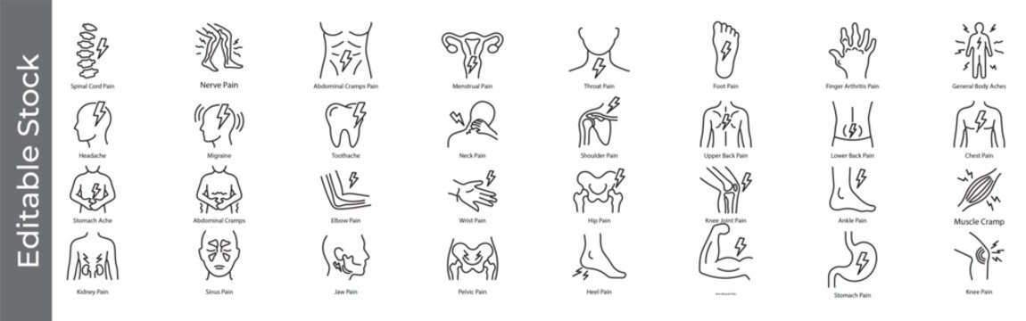 Pain and body ache icon set &ndash; editable outline symbols of headache, back pain, joint pain, muscle cramp and medical symptoms